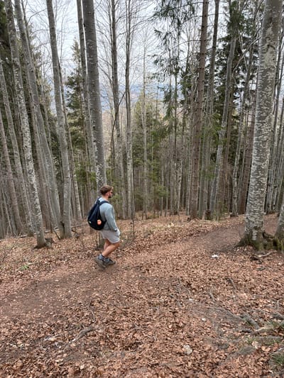 The image depicts a man with a backpack walking through a forest in Luče, Slovenia. The forest has numerous bare trees, with the forest floor covered in brown leaves. The man wears shorts, a light-colored top, and hiking boots. The path is dirt and covered in fallen leaves.