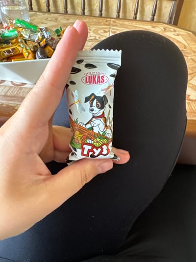 A person's hand is holding a chocolate bar with a cartoon dog on its wrapper. The chocolate bar is white with black spots, and the cartoon dog is wearing a red collar and has black ears. There are also some flowers and a dragonfly on the wrapper. The hand holding the chocolate bar is a pale skin tone. In the background, there is a person's lap covered by black fabric, and a wooden surface with a patterned design. A pile of individually wrapped candies is also visible, peeking out from behind the chocolate bar. The image appears to be taken indoors, likely in a home setting, as indicated by the furniture and the overall ambiance. The lighting suggests it is daytime. The chocolate bar has the text "LUKAS TASTE OF QUALITY" visible on it.
