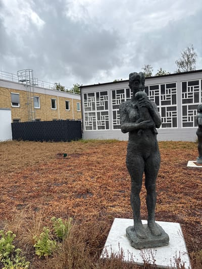 The image depicts a bronze statue of a woman holding a child in her arms, positioned on a concrete pedestal. The statue is situated on a roof garden covered with dry vegetation, predominantly brown, with some scattered green plants in the foreground. In the background, there is a light yellow brick building with white-framed windows, and a modern building with a facade featuring a geometric pattern of white-framed windows. A metal ladder and railing are visible on top of the yellow brick building. The sky is overcast and gray. The scene is located at the Else-Lasker-Schüler-Gymnasium in Heilbronn, Germany.