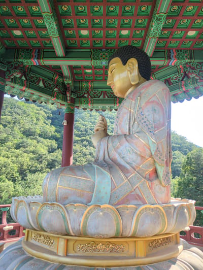The image displays a large, seated Buddha statue situated outdoors under a traditional Korean pavilion in Godang-ri, South Korea. The Buddha, rendered in a light yellow-gold hue with tightly curled dark hair, is depicted in a meditative posture with hands clasped in front. Its robes feature intricate geometric and floral patterns in muted tones of blue, pink, green, and gold, appearing somewhat weathered. The statue rests upon a multi-tiered lotus base, similarly decorated with pale blue-green and gold accents.

Above the statue, the pavilion's ceiling and beams exhibit elaborate "dancheong" style painting. The ceiling features a grid of reddish-brown beams with green recessed panels, each containing a yellow circular motif. Supporting beams are predominantly green with red, blue, and black striped accents and detailed scrollwork. A red structural pillar is visible to the left of the statue, with a small brass bell and a white electrical device attached. Partially visible on the lower right is a red balustrade or railing.

The background consists of dense, verdant forested mountains or hills, indicating a natural, elevated setting. The scene is illuminated by bright daylight, casting subtle shadows and highlighting the intricate details of the Buddha statue and the pavilion.
