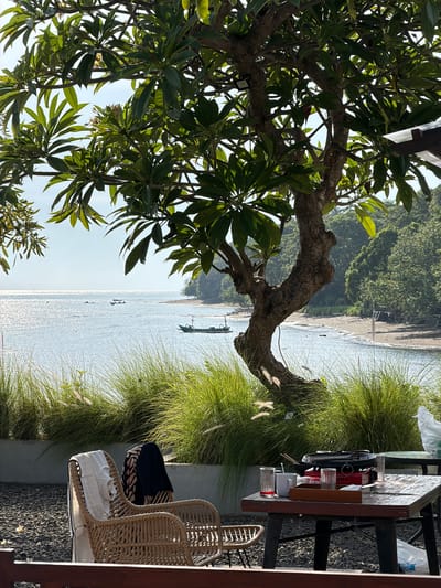 The original image depicts a tranquil scene at Pasir Putih, Indonesia, with a focus on a picturesque beachfront view framed by lush foliage. In the foreground, two wicker chairs are placed on a gravel surface, one draped with a white garment and the other with a patterned black and beige cloth. A wooden table nearby holds various items, including glasses, a mug, a portable stove with cookware, and a wooden tray. Beyond the chairs and table, tall green grass and a gnarled tree with dense green leaves create a natural barrier.
The middle ground showcases a serene beach with gentle waves lapping the shore, and several boats are visible in the distance. The water glitters under the bright sunlight, reflecting the clear sky. In the background, a dense green forest lines the coastline, suggesting a natural, undeveloped environment. The overall impression is one of a peaceful, tropical setting, possibly a cafe or restaurant with an outdoor seating area overlooking the sea.