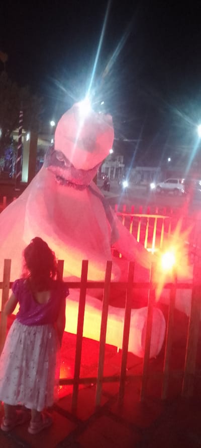 The image depicts a nighttime scene in the city of La Fría, Venezuela, characterized by artificial lighting. In the foreground, a young child, viewed from behind, stands observing a large, illuminated installation. The child has dark hair and wears a purple/magenta sparkly top and a light-colored, patterned skirt, with light-colored shoes visible on their feet. A dark wooden barrier, composed of vertical slats, separates the child from the central subject.

The central subject is a voluminous, light-colored inflatable or sculpture, possibly fabric, illuminated from below by strong red and yellow lights, rendering it reddish-pink. It exhibits a rounded, amorphous form with a distinct "neck" area adorned with a darker, textured or ruffled material. Bright light sources within or around the installation create prominent starburst flares in the upper and lower right portions of the image.

The background reveals an urban environment under a dark night sky. Visible elements include architectural structures, possibly buildings, with some interior or exterior lighting. A street or plaza is discernible, populated by multiple vehicles, including a white SUV and what appear to be motorcycles, identifiable by their headlights and taillights. Trees with sparse lighting are visible on the left. The overall scene is dominated by the artificial illumination, casting a red hue across the lower and central parts of the image.