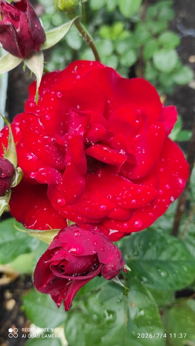 A close-up, vertical shot showcases several red roses, some fully bloomed and others in bud, covered in water droplets. The largest rose, in the center, is a vibrant red with many delicate petals, each adorned with clear, round water beads. To the bottom left, a dark red rosebud is partially open, also glistening with moisture. Another bud, a deeper shade of red, is visible at the top left, with green sepals. The background is a blur of green leaves, suggesting a garden setting. The image is watermarked with "REDMI NOTE 9 PRO AI QUAD CAMERA" in the bottom left and "2026/7/4 11:37" in the bottom right. The location is identified as Ülgase, Estonia.