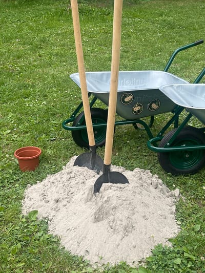 An outdoor scene in Sremski Karlovci Municipality, Serbia, depicts gardening or construction materials arranged on a patch of green grass. In the center of the frame, an irregular mound of light grey, granular material, consistent with sand or fine aggregate, rests on the turf. Two shovels are plunged upright into this mound; both have long, light-colored wooden handles and black, spade-shaped blades.
To the upper right, two galvanized metal wheelbarrows are partially visible. Both feature dark green tubular frames and black rubber tires with green hubs. The left wheelbarrow's basin displays partial, inverted text that appears to be "urleinu" and three circular, olive-green stickers depicting cartoon animal faces. The right wheelbarrow shows a black handle grip and a fully visible wheel.
In the lower-left quadrant of the image, an empty, reddish-brown plant pot, appearing to be terracotta or terracotta-style plastic, sits on the grass. The ground throughout the scene is covered in green grass interspersed with small white clover flowers and some broader-leafed weeds. The background is a soft-focus expanse of green foliage, suggesting trees or bushes. The lighting is bright and diffused, indicating an overcast day or indirect sunlight. No individuals are present in the image.