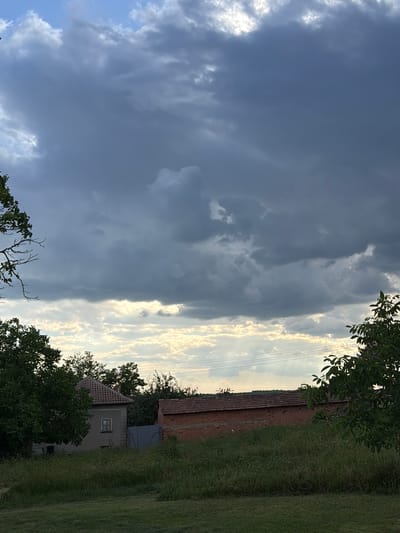 The image shows a view in Kozlovets, Bulgaria. A dark, stormy sky dominates the left side of the frame, contrasting with brighter, sunlit clouds on the right. A building with a red brick wall and roof and a smaller, gray building with a window are partially visible on the right side, obscured by trees and tall grass. Power lines stretch across the brighter part of the sky. Trees frame the scene, with branches in the foreground. The image is rotated counterclockwise by 90 degrees.
