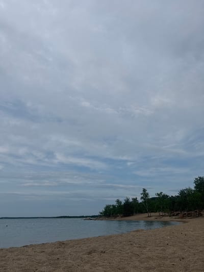 The image depicts a landscape scene. The foreground features a sandy beach to the right, with the texture of fine grains clearly visible. Adjacent to the beach is a body of calm water, reflecting the sky above. The water extends towards a distant treeline that runs along the horizon. The treeline consists of a dense arrangement of dark green trees. Above the treeline, the sky is a pale blue with scattered white clouds. The clouds appear wispy and are spread across the sky, suggesting a partly cloudy day. The overall impression is that of a natural outdoor setting, likely a lake or coastal area. There is no visible text in the image. The image is oriented vertically, with the horizon line running across the middle of the frame. The lighting suggests it is daytime, possibly late morning or afternoon.