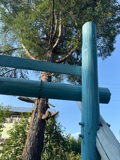 This image depicts a close-up view of a blue-painted wooden structure, possibly a swing set or a trellis, against a backdrop of trees and a clear blue sky. A large tree with sparse green foliage dominates the upper left portion of the frame. The wooden structure features several horizontal beams and a vertical post, all painted in a bright blue hue. A metal chain hangs from one of the horizontal beams. In the background, to the left, a light green building with windows is partially visible, surrounded by trees and greenery. The scene appears to be outdoors, likely in a residential area, possibly in the city of Sylva, Russia, given the context of the prompt. There are no people visible in the image. The overall impression is one of a slightly weathered, rustic outdoor setting.