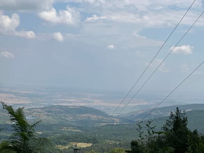 This is a landscape photograph taken from a high vantage point overlooking a vast valley. The foreground is dominated by lush green foliage, including a large fern on the left and various trees and branches on the right. Three parallel cables stretch diagonally across the upper portion of the image, suggesting the presence of a cable car system or power lines.

In the middle ground, a rolling landscape of green hills covered in dense forests unfolds. A small, serene lake is visible nestled among the trees. In the distance, the terrain becomes flatter, with fields and what appears to be a small settlement or town. The far horizon is hazy, merging with a pale blue sky dotted with scattered white clouds. The overall atmosphere is serene and expansive, typical of a mountainous or hilly region. The image provides a wide panoramic view, capturing the natural beauty of the area.