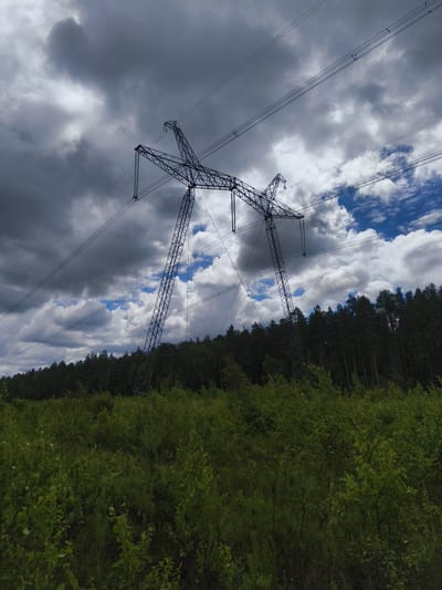A wide shot captures a forest edge with dense green foliage in the foreground. In the midground, a thick line of dark green pine trees forms a backdrop. Dominating the upper half of the image are power lines and a large, dark metal pylon. The pylon is skeletal in structure, with angled legs supporting the overhead wires. Above the trees and pylon, a dramatic sky unfolds, with heavy, dark grey clouds on the left contrasting with patches of bright blue sky and fluffy white clouds on the right. The scene appears to be in a rural area outside of the city of Patotski Sel'skiy Sovet, Belarus.
