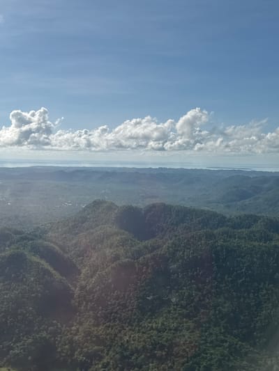 The image shows an aerial view of a landscape with a clear sky and clouds on the left, and a green mountainous terrain on the right. A body of water or horizon line is visible between the sky and the terrain. The landscape appears to be heavily vegetated. While the overall composition suggests a natural environment, without additional context, the specific location within Del Carmen, Philippines, is indistinguishable.