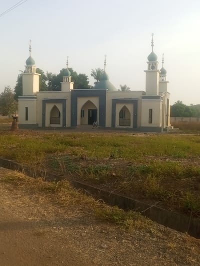 This image depicts a modern mosque situated in an open, semi-rural setting in Nunku, Nigeria. The mosque features a light beige main facade with contrasting dark grey accents outlining its arched entrances and windows. It boasts multiple minarets, each topped with a green dome and a crescent moon finial, along with a larger central green dome.
In the foreground, a dirt road or path runs horizontally, accompanied by a concrete drainage ditch. The ground between the road and the mosque is an unkempt field, primarily covered with dry, sparse grass and some greener vegetation. To the left of the mosque, a small, dark animal figure, possibly a goat, is perched on a low, irregular mound of earth.
A faint human figure, appearing to be a child, is visible sitting or squatting near the central arched entrance of the mosque. In the background, scattered green trees break the horizon, and a low fence or wall can be seen on the far right. The time of day appears to be late morning or early afternoon, indicated by the bright, somewhat hazy overhead light and clear sky. The scene is static, depicting the architectural structure and its immediate environment. No text is visible in the image.
