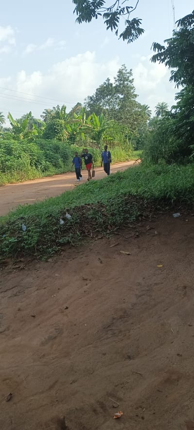The scene depicts a dirt road in Amauzu, Nigeria. Three individuals walk along the road. The first person is wearing a blue shirt and dark pants. The second person is wearing a black t-shirt and red shorts, and is carrying a light-colored bag. The third person is wearing a blue shirt and dark pants. The road is bordered by dense vegetation, including various shrubs, banana plants, and trees. Litter is visible on the grassy embankment beside the road. Overhead power lines are visible in the distance.