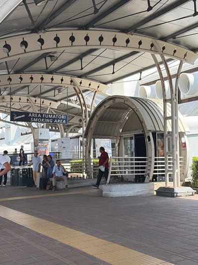 The image depicts a covered outdoor waiting area, likely at a transportation hub, in Lamezia Terme, Italy. The architecture features a white, curved metal canopy supported by arched structures with circular cutouts. A cylindrical kiosk-like structure with metal bars and glass panels is visible. Several people are present, some seated and others standing, appearing to be waiting. Luggage is visible, suggesting travel.

The scene is illuminated by natural daylight, indicating it is daytime, and the weather appears to be clear. A prominent blue sign with white text reads "AREA FUMATORI SMOKING AREA," indicating a designated smoking zone and featuring a graphic of a cigarette. Other signs with text and images, possibly advertisements or informational notices, are also present. The ground is paved with brick-like tiles, with a distinct yellow tactile paving strip running along the edge. The overall mood seems relaxed and ordinary, consistent with a travel waiting area.
