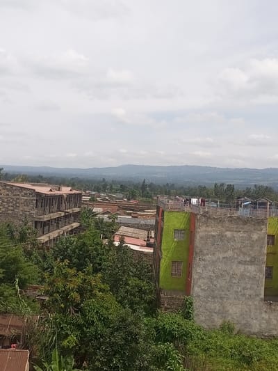 The image displays an elevated view of Kiamaina ward, Kenya, under an overcast sky. In the immediate left foreground, a multi-story building constructed from dark stone blocks is under active construction, featuring open concrete floor slabs supported by visible wooden scaffolding and a partial red corrugated roof with small triangular dormer elements. To the right, a finished multi-story residential building stands, characterized by a vibrant green facade with an orange vertical stripe on its left side, unpainted grey concrete on its primary visible face, and a yellow or light brown section on its right. This building's rooftop is enclosed by a low concrete railing, where multiple items of laundry are drying on lines and several dark water tanks are situated.

Between and behind these prominent structures, a dense residential area is visible, comprised of numerous smaller buildings with a variety of corrugated metal roofs in shades of red, grey, and brown. Abundant green foliage, including trees and dense bushes, is interspersed throughout the foreground and midground, partially obscuring lower sections of buildings and extending into the surrounding landscape. In the far background, a wide expanse of green terrain transitions into a series of distant hills or low mountains under a uniformly cloudy, light grey sky. No individuals are visible within the frame.