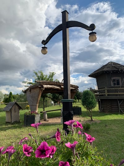 The image depicts an outdoor scene with a focus on a wooden lamppost with two spherical lamps. In the foreground, a cluster of bright pink petunias is in bloom, partially obscuring the lower portion of the lamppost. Behind the flowers, a grassy area is visible, with a small, rustic wooden structure that resembles a miniature house to the left. Further back, a larger, thatched-roof structure with wooden supports stands under a cloudy sky. To the right, a dark, log-built cabin with a sloped roof and a window is situated on an elevated platform. A small evergreen tree is positioned between the cabin and the thatched-roof structure. In the background, more greenery and a fence are discernible, with a white animal, possibly a horse, visible in the middle ground. The overall setting suggests a rural or park-like environment, potentially within the Малахавецкі сельскі Савет in Belarus. The sky is partly cloudy, with patches of blue peeking through.