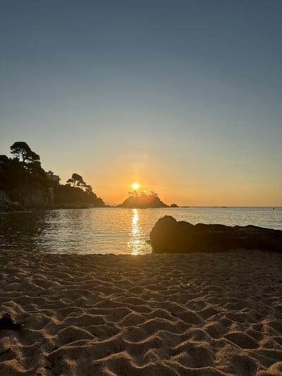 A serene sunset scene unfolds at a beach in Castell d'Aro, Platja d'Aro i s'Agaró, Spain. The sun, a brilliant orb, hangs low in the sky, casting a warm golden glow across the tranquil water and the rippling sand in the foreground. A rocky outcrop with sparse trees is silhouetted against the horizon. The sea is calm, reflecting the sun's light in a shimmering path. The beach is composed of fine, light-colored sand, textured with gentle waves and shadows. A large, dark rock juts out into the water on the right side of the frame. The sky transitions from a clear, pale blue at the top to a warm orange near the horizon. No people are visible in the image.