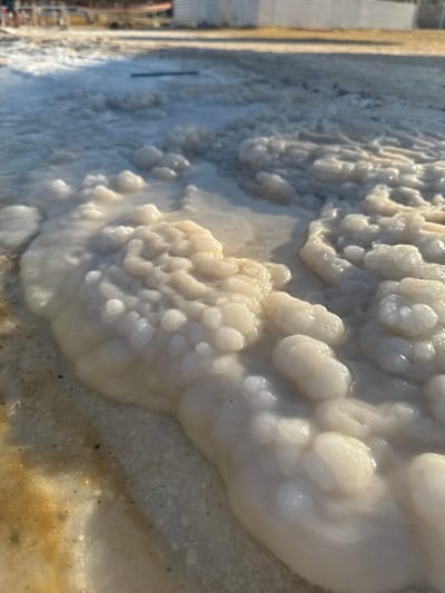 The image shows a close-up, vertically oriented view of a textured surface composed of crystalline formations, likely salt deposits, on a rocky or concrete substrate. The formations are bulbous and irregular, with a glistening, wet appearance, suggesting they are either formed from or interacting with water. Some areas exhibit a milky white color, while others appear more translucent or have a yellowish hue. The lighting creates highlights and shadows that emphasize the three-dimensional nature of the salt structures. In the background on the left side, a blurred industrial or man-made structure with vertical elements is visible, along with some piping or machinery, hinting at a processing or industrial environment. The overall scene suggests a natural phenomenon occurring in an area where water evaporation and mineral crystallization are prominent. The location context of Tamar Regional Council, Israel, is consistent with environments known for salt production or natural salt formations, such as near the Dead Sea. No people, text, or specific time of day or weather conditions are discernible, but the glinting light suggests it is daytime.