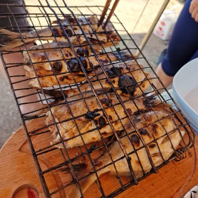 The image shows a close-up view of several whole fish cooking on a grill. The fish are laid out side-by-side on a metal grate, and they appear to be partially cooked, with some charring visible. The grill is placed on a wooden surface, possibly a cutting board. In the background, blurred figures of people are visible, along with some objects that suggest an outdoor setting, such as a white bag and a blue garment. The overall scene depicts a meal being prepared outdoors. The image is geotagged to Gorni Dabnik, Bulgaria.