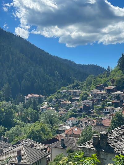 The image depicts a scenic view of the village of Shiroka Laka, Bulgaria, nestled in a valley and ascending a mountainside. A dense, dark green forest covers the steep slopes of the mountain, with the trees appearing as a uniform carpet from a distance. The sky above is a vibrant blue, punctuated by fluffy white and gray clouds.
The village itself is characterized by a cluster of traditional Bulgarian houses, many featuring distinctive white walls and dark timber-framed upper stories. The rooftops are a mix of terracotta tiles and weathered stone slates, with numerous chimneys visible. The houses are built on terraces, following the contours of the hilly terrain, and are interspersed with lush green trees and foliage. Some larger buildings, possibly hotels or public institutions, with red-tiled roofs and multiple stories, are visible higher up the slope. A road or pathway winds its way through the village. The overall impression is one of a historic and picturesque mountain settlement.