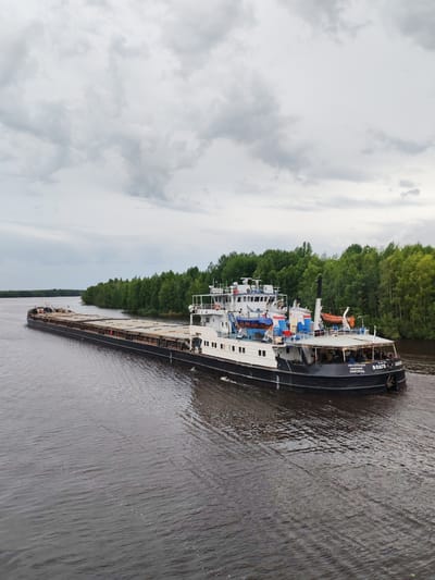 A cargo barge is traveling down a wide, murky river, its dark hull contrasting with the lighter deck stacked with wooden crates. The barge is a long, flat vessel with a superstructure at the stern. The superstructure is painted white and black, with a small bridge and several lifeboats visible. The barge is flying a Russian flag.
The riverbanks are lined with a dense forest of green trees, their foliage a vibrant green against the overcast sky. The sky itself is filled with heavy, gray clouds, suggesting an impending storm. The water is dark and appears choppy, with small ripples disturbing its surface.
The barge is identified with the name "ВОЛГО-ДОН" and "НИЖНИЙ НОВГОРОД" written on its stern in white lettering. There are no people visible on the deck of the barge or on the riverbanks. The overall scene is one of industrial transport in a natural, yet somewhat somber, environment. The specific location is Novokemskii, Russia, though this information is not visually apparent from the image itself.