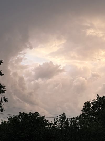 The image captures a view looking upwards towards a dramatic, overcast sky. The clouds are dense and textured, varying in shades from dark gray to a lighter, almost white, suggesting the presence of sunlight filtering through. A gap in the clouds reveals a brighter patch of sky. The foreground is framed by dark foliage of trees on the right and bottom edges. Thin power lines are subtly visible amid the trees on the right. The location is Pchelnik, Bulgaria, evidenced by the overcast weather conditions and native foliage. No people, activities, or specific objects are discernible other than natural elements and infrastructure.