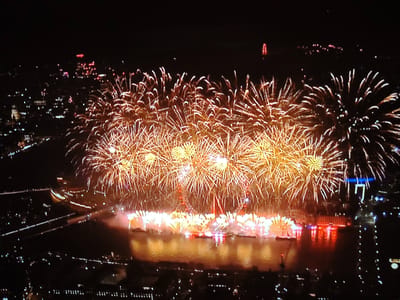 This image shows a wide-angle aerial view of a city at night, illuminated by a spectacular fireworks display. The fireworks are predominantly golden and white, exploding in large, bushy patterns across the dark sky. Below the fireworks, a body of water, likely a river, reflects the vibrant colors of the pyrotechnics. Along the banks of the water, there are numerous lights from buildings and possibly boats, indicating an urban environment. In the foreground, a large illuminated structure or collection of structures is visible on the water, possibly a floating stage or barges launching fireworks. Further in the background, more city lights are visible, extending to the horizon. A distant, red illuminated structure can be seen in the far background, possibly a landmark or tower. While the image is not clear enough to identify specific buildings or people, the presence of widespread illumination and a large body of water suggests a significant city. The context of a fireworks display implies a celebratory event.
While the image depicts a city with fireworks, it does not contain enough specific visual information to confirm it is located in the city of Huntingdonshire, United Kingdom. The visual elements are characteristic of many large cities that host such events.