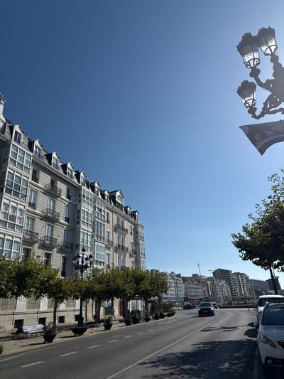 The image depicts a bright, clear day on a street in Santander, Spain.
The scene is dominated by a clear blue sky occupying the upper half of the frame. On the left, a multi-story building with a grey stone facade features numerous white-framed enclosed glass balconies (galerías) and traditional open balconies with wrought iron railings. The building's roof is dark, with multiple dormer windows. A row of evenly spaced, small green trees lines the sidewalk in front of this building, interspersed with dark planters and a single ornate black streetlamp with multiple globes. A white slatted park bench is visible on the far left sidewalk.
The street, a two-lane asphalt road with white dashed markings, curves gently to the right as it extends into the midground. A dark-colored sedan or compact SUV is visible driving in the midground, and a white passenger vehicle (possibly a Peugeot 2008) is parked on the right side of the road in the foreground.
On the far right, an ornate, multi-globe black streetlamp is prominently silhouetted against the bright sky, with the sun's glare visible behind it. A dark banner, partially visible, hangs from this streetlamp, displaying white text that appears to include "CITY OF SANTANDER" or similar branding. Green tree foliage is also visible on the right.
In the background, a continuous line of multi-story urban buildings extends along the street, showing similar architectural styles, including additional enclosed glass balconies. One pedestrian is discernible walking on the sidewalk in the midground, near a building. The sunlight is strong, casting sharp shadows from the trees and structures onto the road and sidewalk.