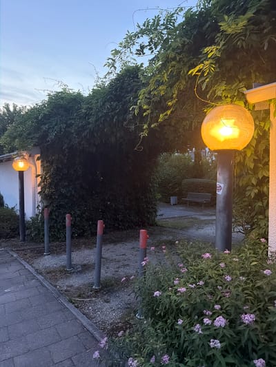 The image depicts an outdoor scene at dusk, likely in the city of Poing, Germany. A pathway made of grey pavers leads from the lower left towards the center of the image. Alongside the pathway, a gravel area is bordered by several metal posts with red caps. To the right of these posts, a dense shrub with small pink flowers is visible. Further into the scene, a tall, dark grey lamp post with a large, glowing orange spherical light fixture stands prominently. Behind the lamp post, a dark green, overgrown vine covers a structure, forming an archway. Through the archway, a paved area with a wooden park bench and a trash receptacle can be seen in the distance. Another lamp post with a similar orange light fixture is positioned to the left of the archway, adjacent to a white building. The sky above is a pale blue, indicating the twilight hour. There are no people present in the image.