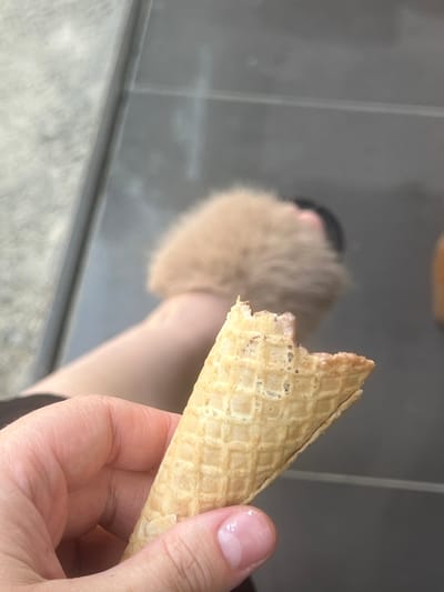 A close-up shot captures a person holding a partially eaten waffle cone in their right hand. The cone is golden brown and has a distinct waffle pattern. The person's fingers and thumb are visible, gently gripping the cone. In the background, out of focus, a fluffy, light brown object, possibly a slipper or a part of an outfit, is visible. The person's leg and foot are also partially visible. The ground appears to be tiled with large, dark gray tiles. The lighting suggests it might be daytime. The overall impression is casual, possibly a snack break. The location is identified as Qoyankus, Kazakhstan.