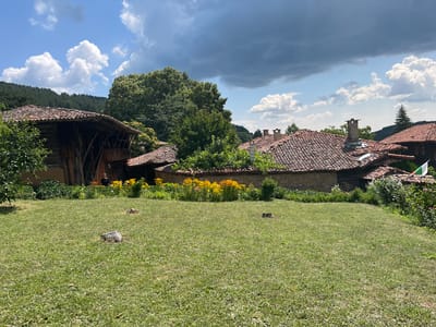The image shows a scene in the village of Zheravna, Bulgaria. In the foreground, a well-maintained green lawn with several tree stumps is visible. In the middle ground, a low stone wall separates the lawn from a garden area featuring a vibrant bed of yellow and orange flowers. Behind the flowers, traditional Bulgarian houses with red tiled roofs and stone walls are seen. One house on the left has a distinctive wooden structure and a dark opening. A person is standing near the opening of this house. Other houses are visible further back, with some featuring chimneys and the Bulgarian flag. The background consists of lush green trees and a hillside, under a partly cloudy sky with dramatic dark clouds.