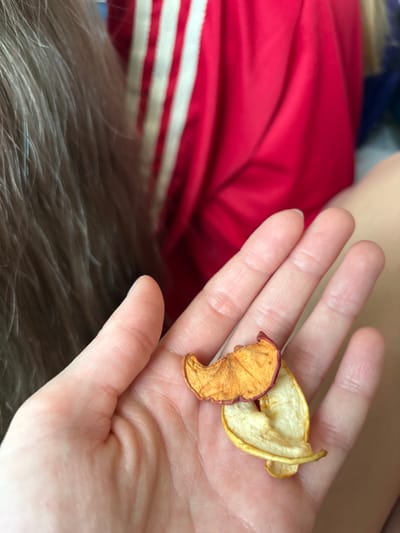 The image captures a close-up, downward-angled view of a human hand presenting three dried apple slices against a blurred background. The hand, positioned in the lower-center, has its palm open and upturned, holding two pale yellow-cream dried apple slices overlaid by a third, darker reddish-orange slice with a visible red peel edge. In the upper left background, out of focus, is a mass of light-colored hair. To the right and behind the hand, also out of focus, is a segment of a red garment featuring two prominent vertical white stripes, consistent with athletic wear, and an expanse of light-toned bare skin, possibly a leg or thigh. The scene is located in Ivanovka, Russia.