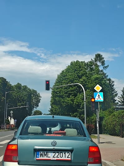 A forensic examination of the provided image reveals a street scene captured from the interior of a stationary vehicle in Mława County, Poland. The primary subject is the rear of a teal/light blue Volkswagen sedan, identifiable by the prominent VW emblem on the trunk and the Polish license plate "WML 22012." This license plate prefix confirms the vehicle's registration in Mława County.
The car is positioned on a paved road, likely at an intersection or pedestrian crossing, indicated by the visible road markings (white lines) to the left of the vehicle's position. The brake lights of the Volkswagen are not illuminated.
Ahead of the Volkswagen, a vertical traffic light is prominently displayed, showing a solid red signal, indicating that vehicles must stop. To the right of this primary traffic light, another signal is visible, specifically a pedestrian traffic light displaying an amber/orange signal, which typically indicates "wait" or "prepare to cross."
Above the pedestrian traffic light, two road signs are mounted. The uppermost sign is a diamond-shaped yellow sign with a white border, which in Poland signifies a "priority road" (D-1). Below this, a square blue sign with a white border depicts a black pedestrian figure walking on a white strip, indicating a "pedestrian crossing" (D-6).
The immediate environment is characterized by dense green foliage, with numerous trees and bushes lining both sides of the road, suggesting a semi-urban or suburban setting with significant natural elements. Overhead, the sky is clear blue with scattered white cumulus clouds.
In the far background, particularly to the left, additional road infrastructure is discernible, including a pole, and what appears to be a building or structure partially obscured by trees and white-and-red striped barriers, possibly indicating construction or a designated area. No individuals are clearly identifiable or engaged in significant action within the immediate frame.