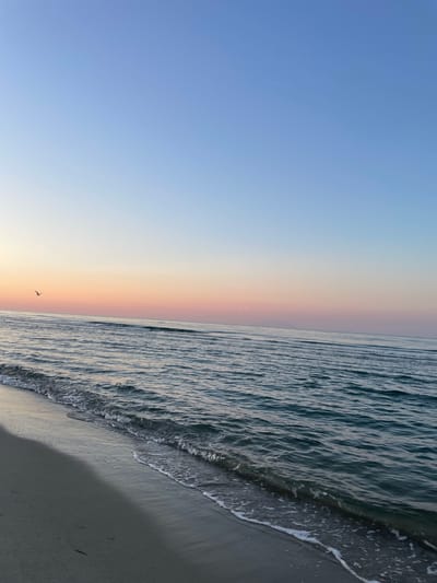 The image depicts a serene seascape at sunrise or sunset. The sky transitions from a pale blue at the top to soft pink and orange hues near the horizon, creating a gradient effect. A single bird is silhouetted in flight against the colorful sky. The ocean occupies the majority of the frame, with gentle waves rolling towards a sandy shore. The water is a deep blue-green, reflecting the colors of the sky. The foreground shows a sandy beach, wet from the receding tide, with subtle shadows cast by unseen elements. The overall scene evokes a sense of tranquility and natural beauty. The location is described as Unknown, Greece.