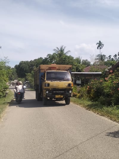 A yellow Mitsubishi truck is traveling down a paved road in Meunasahbuket, Indonesia. The truck is loaded with wooden planks and is being passed by a motorcycle carrying two people. The motorcycle riders are wearing helmets. The road is flanked by lush green vegetation and trees, with several houses visible in the background. The sky is partly cloudy.