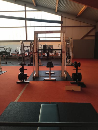 This image shows the interior of a gym. The gym has a high ceiling with exposed metal beams and a corrugated metal roof. Large windows line the top of one wall, allowing natural light to flood the space. The floor is covered with an orange rubber matting, with black rubber mats used in specific areas.
In the foreground, a black weight bench with a metal bar is visible. To the left and right of the bench, weight racks with black weight plates are present. In the center of the image, a white and silver Smith machine with a barbell is set up, along with a smaller weight bench.
The background reveals rows of various weight machines, dumbbells, and weight racks. The overall impression is that of a well-equipped, functional gym. The gym is located in Pegnitz, Germany.