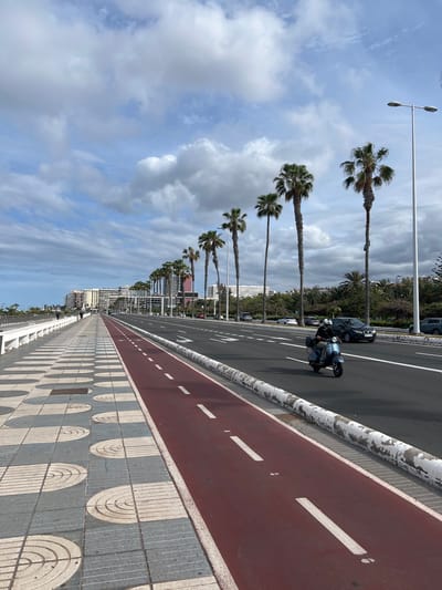 The image shows a coastal scene in Las Palmas, Spain, on a partly cloudy day. The perspective is from the pedestrian walkway. Parallel to the walkway is a red-colored bicycle lane and a gray asphalt road. A person is riding a blue scooter on the road. Several cars are parked next to the road, partially obscured by palm trees lining the street. Buildings are visible in the distance. The walkway is paved with gray and white patterned tiles. Street lights are intermittently spaced along the road.