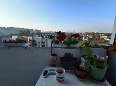 This is an eye-level, wide-angle outdoor photograph taken from a balcony overlooking a city in Rivne, Ukraine, likely during the early morning or late evening due to the soft light. The foreground of the image is dominated by the balcony railing and a white table with several objects arranged on it. These objects include a blue pet brush, a white mug with red and blue lettering, a small orange decorative item shaped like a billiard ball with the number "5" on it, a brown rectangular planter with clothespins inserted, and various potted plants. Two of the pots are green and terracotta colored, containing succulents and other small green plants. Further back, a row of white planters holds red and pink flowers, including geraniums.
Beyond the balcony, the city of Rivne unfolds. In the middle ground, there are several multi-story residential buildings, some appearing to be Soviet-era apartment blocks with long facades. Interspersed with these are smaller houses with pitched roofs, some painted in muted colors like yellow and orange. Trees are scattered throughout the urban landscape. In the distance, a hazy skyline features more buildings and hints of industrial structures, including what appear to be church domes with spires. The sky is a clear, pale blue, suggesting good weather. The overall impression is of a residential area in a Ukrainian city, viewed from a private balcony that has been decorated with plants.