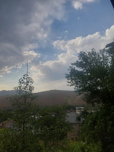 This is a photograph taken in Areni, Armenia, featuring a landscape with a hill, trees, and structures. The sky is partly cloudy with a mix of gray and blue hues. In the foreground, several trees are visible, with a slender, leaf-covered tree to the left and a larger, denser tree to the right. In the middle ground, there are rooftops of buildings, some appearing to be residential, with one roof featuring solar panels. A solar water heater is also visible on one of the rooftops. The background consists of a barren, rolling hill. The overall scene suggests a rural or semi-rural setting under a dynamic sky.