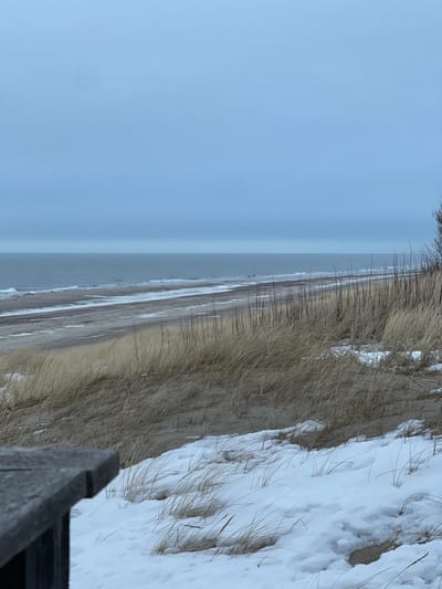 The scene depicts a winter coastal landscape in Morskoe, Russia. A dark, weathered wooden structure is visible in the lower-left foreground. Adjacent to this, snow partially covers sand dunes in the mid-foreground, interspersed with clumps of dry, tan-colored dune grass. Beyond the dunes, a wide sandy beach extends horizontally, showing faint wave patterns and darker, wet sand near the water's edge. The sea, a muted gray-blue, exhibits gentle waves approaching the shore. The upper two-thirds of the image are dominated by an overcast, uniformly light gray-blue sky. No individuals or discernible activities are present.