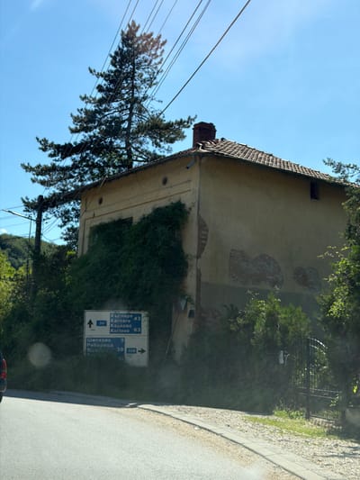 This image depicts a view of a street with a building and surrounding vegetation in Beli Osam, Bulgaria. The building is a two-story structure with a light yellow facade and a tiled roof. The right side of the building shows exposed brickwork where the plaster has fallen off. The building is partially overgrown with dense green ivy. In front of the building, there are two directional road signs. The upper sign indicates "Kurnare 43", "Karnare", "Karlovo 63" with an upward arrow and the number 35. The lower sign indicates "Shipkovo 9", "Ribaritsa" with an arrow pointing to the right and the numbers 38 and 356. A tall evergreen tree stands to the left of the building, and power lines crisscross the sky above. To the right of the building, there is a black metal gate with a paved walkway leading to it. The scene is set under a clear blue sky with sunlight casting shadows. The foreground shows a paved road with a curb.