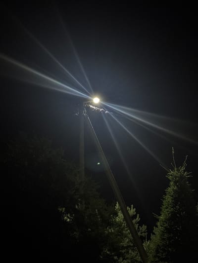 A street lamp with a bright light source illuminates the night sky, casting long, starburst-like rays of light. The lamp is mounted on a tall, wooden pole. In the foreground, dark silhouettes of coniferous trees are visible on either side of the pole, with the needles of the trees catching some of the light. The background is a deep, dark night sky. The scene appears to be an outdoor public space in the Нёманскі сельскі Савет, Belarus.