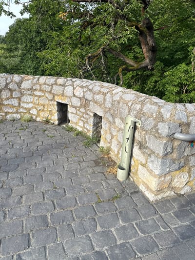 The image depicts a close-up of a stone wall and a cobblestone path. The wall is constructed from rough-hewn, grey stones of varying sizes, with some yellowing mortar visible. Mounted on the wall is a pale green metal fixture that resembles a simple pipe with a flap and some painted markings. To the left of the wall, lush green foliage from trees is visible, with dappled sunlight suggesting it's daytime. The cobblestone path is made of dark grey, rectangular stones laid in a pattern. There are small patches of grass growing between some of the cobblestones and near the base of the wall. The perspective is from a low angle, looking up and slightly to the side. The scene appears to be outdoors, possibly in a park or historical area. There are no people or animals visible. The overall impression is one of an outdoor architectural element with natural surroundings. The time of day appears to be sunny, likely late morning or afternoon. The location is Wetzlar, Germany, as indicated by the metadata.