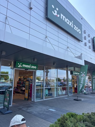 The image shows the exterior of a Maxi Zoo pet store located in Modlniczka, Poland. The building has a modern facade with silver paneling and large glass windows. Above the entrance, a large green sign with a white logo and "maxi zoo" text is prominently displayed. Smaller green signs with the same branding are also visible, including vertical banners outside the store.
The entrance itself is a glass-fronted doorway leading into the store, where shelves stocked with pet products are visible. A display stand with a "Oferta Specjalna" (Special Offer) sign is positioned near the entrance. Outside the store, in front of the entrance, a dark gray mat is placed on a patterned brick walkway.
In the foreground, a person wearing a light-colored cap is partially visible from the back, facing away from the camera and towards the store entrance. The background shows a parking lot filled with cars and some greenery, including bushes in the lower right corner of the image. The sky is overcast.