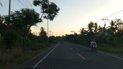 The image shows a paved road in Tanjongkeumala, Indonesia, with a van or truck visible in the distance. The road is lined with lush green vegetation, including tall grass, trees, and palm trees. Utility poles with power lines are also present along the roadside. The sky is a pale orange, indicating either sunrise or sunset. A person on a scooter is riding on the road, and other motorcycles are also seen in the distance. The overall impression is of a rural or semi-rural setting in Indonesia.