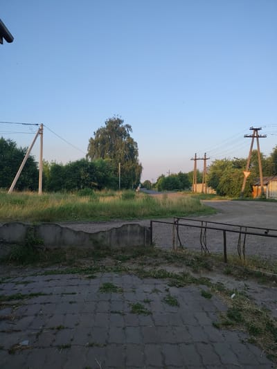 A low-angle, eye-level shot captures a rural road intersection in Bakhmach, Ukraine, under a clear blue sky. The scene is dominated by power lines supported by wooden poles, stretching across the frame. Tall grass and dense green foliage line the sides of the dirt road, which curves to the right in the distance. A large, mature tree stands prominently in the middle ground, with a lone figure walking in the distance on the road. To the right, a low, brick building with a corrugated metal roof is visible, adjacent to a triangular road sign. In the foreground, a paved area of dark gray interlocking stones is partially overgrown with grass, bordered by a concrete retaining wall and a rusty metal railing. The overall impression is one of a quiet, unpaved intersection on the outskirts of a town.
