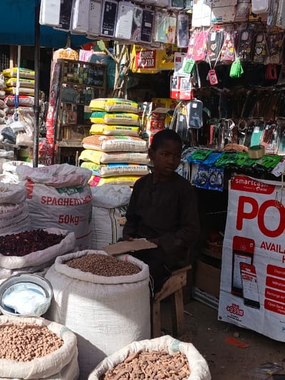 The image displays an outdoor market stall in Kawaji, Nigeria. A young male, dressed in a dark long-sleeved shirt, is seated on a small wooden stool in the lower center-right, holding a piece of light brown cardboard. In the foreground, several open white sacks are visible, containing various dry goods: one holds dark red dried hibiscus flowers, another contains light brown beans, and two partial sacks in the bottom foreground hold light brown, irregularly shaped granular items. A metal bowl with a white powdery substance is present. A large white sack marked "SPAGHETTI 50kg" is positioned behind the hibiscus. In the background, stacks of large sacks, predominantly yellow and white, labeled "GERAWA PREMIUM RICE" and other text, are visible. Above these, numerous mobile phone cases of various colors and models, along with packaged accessories like chargers and earphones, hang from an overhead display structure. A yellow sign reading "CHOOSE THE STAR" is also present. On the right side, a white banner for "smartcash" by "Airtel" is partially visible, stating "POS AVAILABLE HERE." The scene is brightly illuminated by natural sunlight, indicating an open-air market setting.