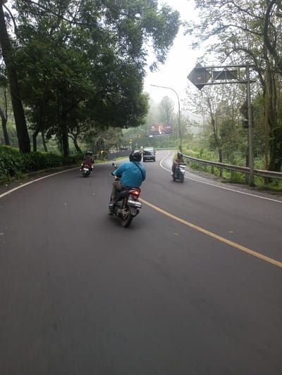 The image captures a first-person perspective from a vehicle, likely a motorcycle, traveling on a paved road through a natural, possibly mountainous or hilly landscape on an overcast or foggy day.
The road is made of dark asphalt and features a solid yellow line in its center, indicating a two-way traffic flow. The road curves gently to the right as it extends into the distance. In the immediate foreground, the dark gray asphalt of the road fills the lower part of the frame, with the yellow center line visible on the right side.
Several vehicles and people are visible on the road. In the mid-ground, central to the image, a person wearing a blue long-sleeved shirt and a dark helmet is riding a dark-colored scooter, facing away from the camera. The scooter has a red tail light and a white license plate, which is partially obscured. Further ahead and slightly to the left, another person on a dark motorcycle, also wearing dark attire and a helmet, is riding in the same direction. On the right side of the road, on the curve, a third person on a lighter-colored motorcycle is also moving away from the camera. A dark-colored car, possibly an SUV or sedan, is visible between the two motorcycles in the distance, also heading around the curve.
The surroundings are rich with vegetation. On the left side of the road, dense green trees with tall, dark trunks line the edge, creating a lush, somewhat shaded canopy above. A low, dark green hedge or dense shrubbery runs along the roadside below the larger trees. On the right side of the road, a silver metal guardrail separates the pavement from a downward-sloping, vegetated area with more trees. The background beyond the road and trees is characterized by a misty or foggy haze, suggesting either high altitude, morning fog, or simply very cloudy weather.
In the distance, on the right side of the road, a large billboard is visible. It displays an advertisement featuring a man's face, appearing to be in formal attire, alongside some text that is not clearly legible due to distance and resolution. A street light pole stands near the billboard. Above the road, on the right, there is a large, diamond-shaped structure that appears to be a road sign or a support for one, though its details are also obscured.
The overall atmosphere is quiet and somewhat cool due to the overcast conditions, with the fog contributing to a serene, slightly mysterious feeling. The activity is simply people traveling along a winding road.