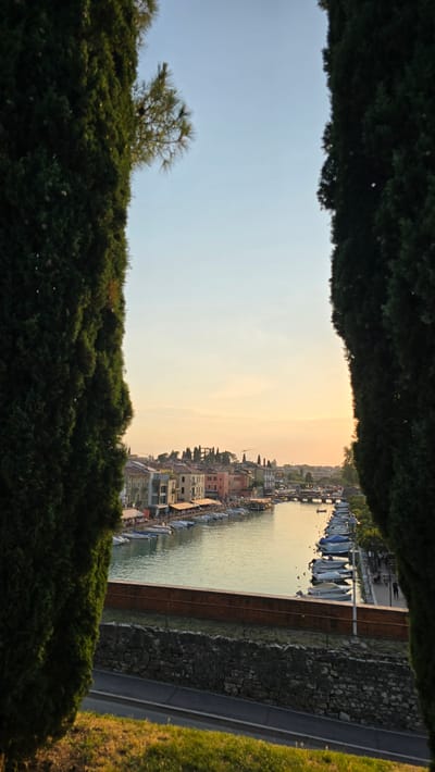 This image depicts a scenic view of a harbor and a town along a body of water, likely a lake, at sunset. The foreground is framed by dense green foliage, with a small pine tree visible on the left. The middle ground showcases a charming European town with buildings of varying heights and colors, lining a waterfront promenade. Numerous boats, mostly small and white, are moored along the harbor. The water reflects the soft hues of the sunset, creating a warm and serene atmosphere. A stone wall separates the promenade from a grassy area and a road on the right side of the image. People are visible on the promenade, suggesting a leisurely evening. The sky transitions from a pale blue to a soft orange and yellow as it meets the horizon, indicating that it is late afternoon or early evening. The overall mood is peaceful and idyllic. There is no visible text in the image. The location is identified as Peschiera del Garda, Italy.