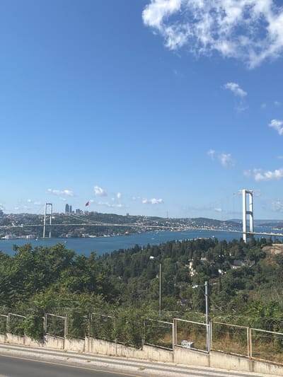 The image displays a panoramic view of the Bosphorus Strait in Üsküdar, Turkey, on a clear, sunny day. The sky is a vibrant blue with scattered white clouds.
The foreground features a concrete embankment with a metal fence, partially overgrown with greenery. A road with yellow markings runs along the right edge of the embankment.
Dominating the mid-ground is the Bosphorus Strait, a stretch of blue water dotted with several boats. Along the far bank of the strait, a densely populated city sprawls across rolling hills, with buildings climbing the slopes. A prominent suspension bridge, likely the Bosphorus Bridge, spans the strait. A red flag flies from a pole on the far side, near the bridge. The landscape is lush with dense green trees covering the hillsides.
In the distance, more of the city and the strait are visible, with the hazy outlines of buildings and the continuation of the bridge.
The time of day appears to be daytime, given the bright sunlight and clear skies. The weather is fair and pleasant. The scene captures a majestic view of the strait, the bridge, and the urban landscape of Istanbul, highlighting the geographical connection between Europe and Asia. No people are clearly discernible in the image.