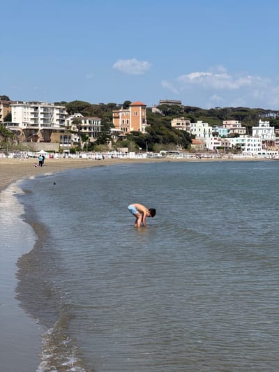 A vertical, eye-level shot depicts a beach scene with a young boy crouching in the water. The boy is positioned in the center of the frame, wearing blue and white patterned swim trunks, facing away from the camera. He appears to be playing or interacting with the water.
The water is a murky gray color with visible ripples and waves. The beach is a strip of sand that runs parallel to the water's edge.
In the background, there is a line of buildings and trees along a hill. The buildings are a mix of residential and commercial properties, with a variety of architectural styles and colors. The trees are mostly evergreens, providing a green backdrop to the buildings.
The sky is a clear blue color with a few scattered clouds. The overall lighting of the scene is bright and sunny.
The location is the city of Anzio, Italy.